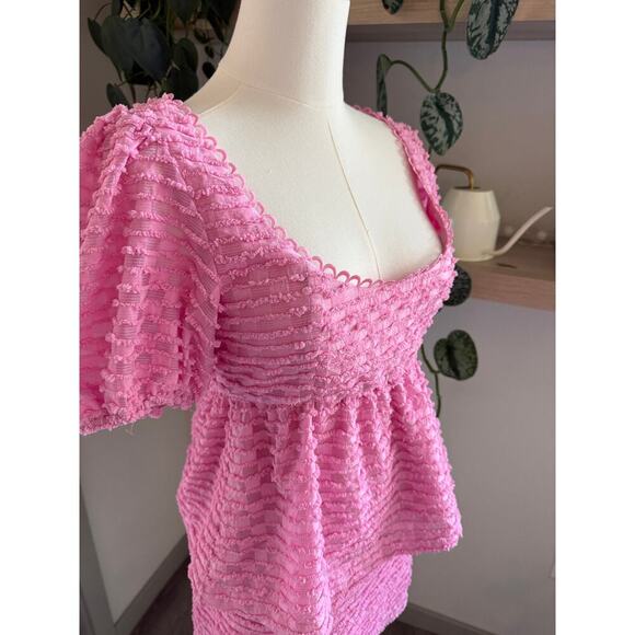 Lost Wander Paloma Pink Textured Puff Sleeve Top & Mini Skirt Set Small Brunch - Picture 3 of 13